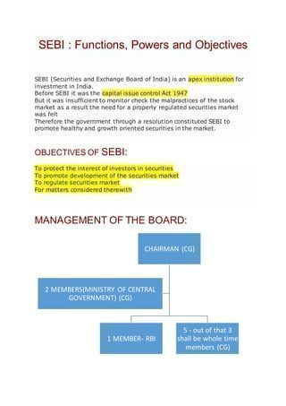 The Securities and Exchange Board of India (SEBI): Functions and Powers