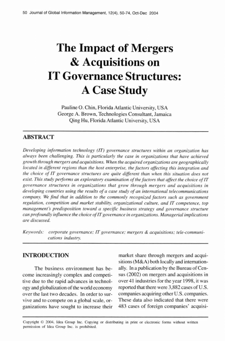 The Impact of Governance on Mergers and Acquisitions