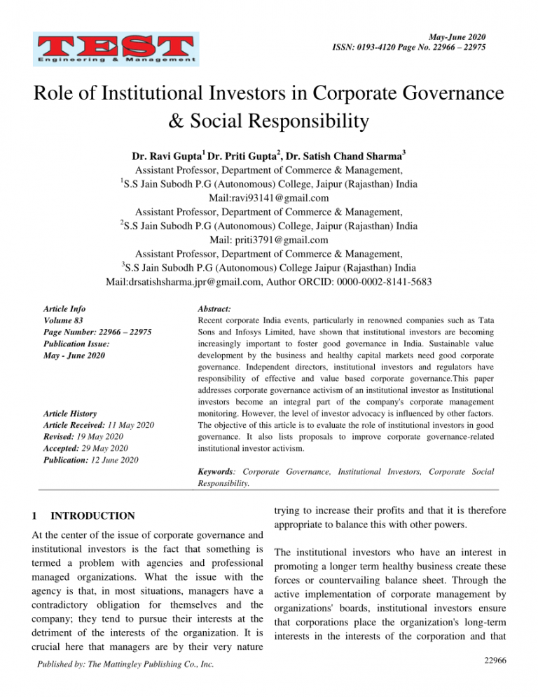 The Role of Institutional Investors in Promoting Good Governance