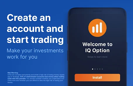 IQ Option trading app onboarding screen.
